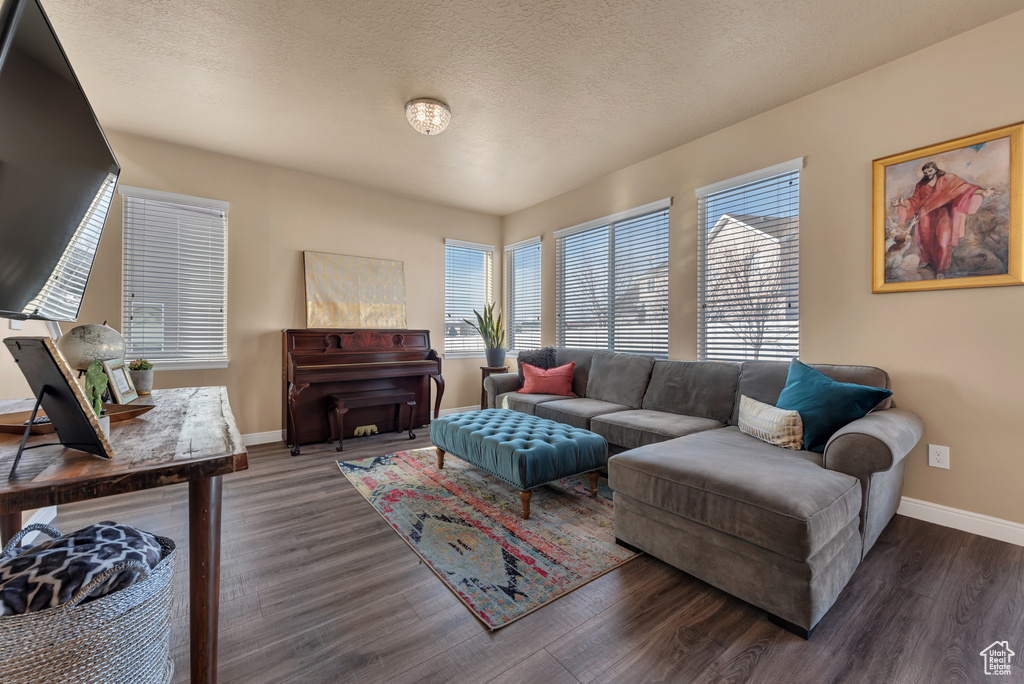 Living area featuring baseboards, wood finished floors, and a textured ceiling