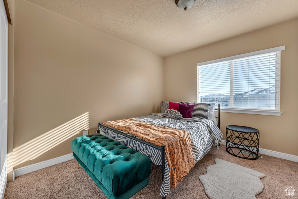 Carpeted bedroom with a textured ceiling and baseboards