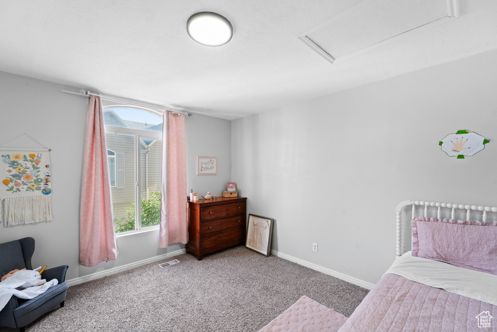 Bedroom with carpet floors and baseboards