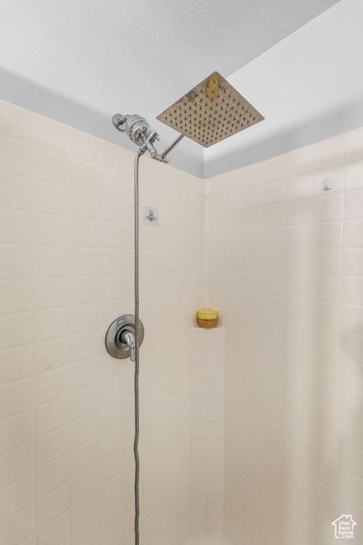 Bathroom view of a tile shower and a textured ceiling