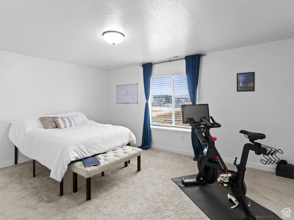 Carpeted bedroom with baseboards and a textured ceiling