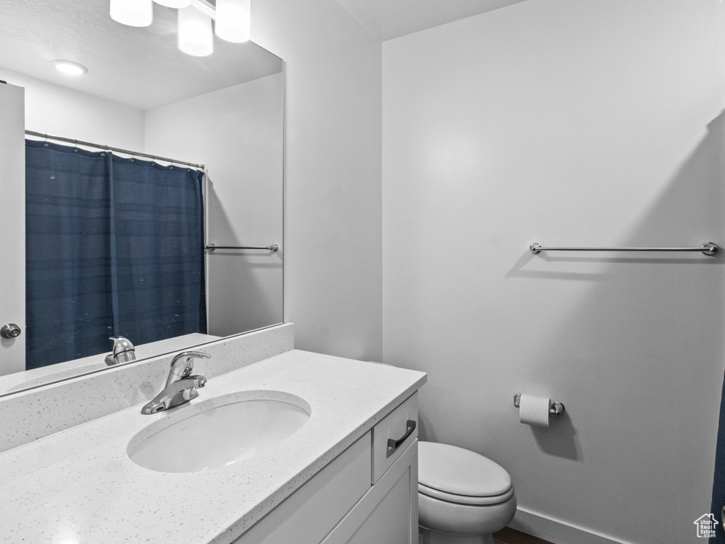 Bathroom featuring toilet, vanity, and a shower with curtain