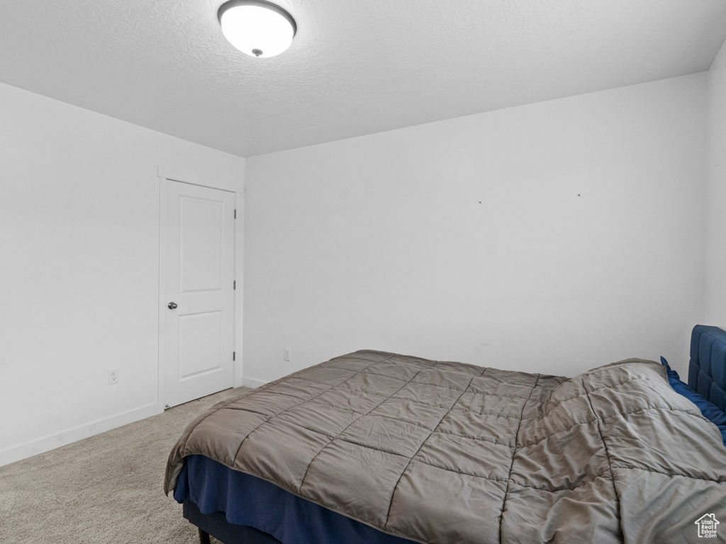 Bedroom featuring carpet floors, baseboards, and a textured ceiling