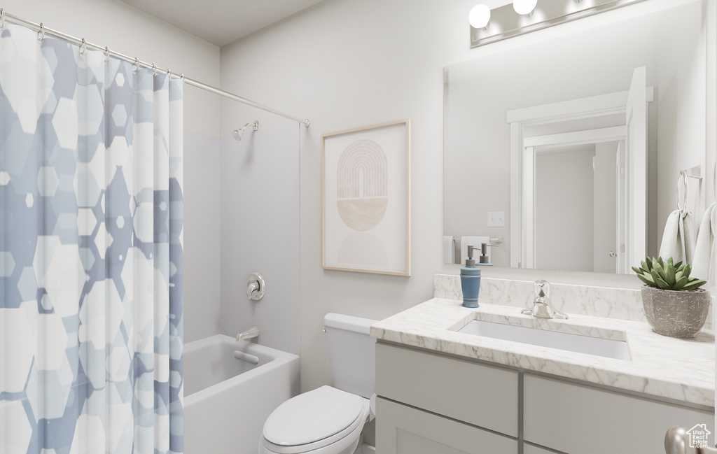 Full bath featuring vanity, shower / bathtub combination with curtain, and toilet