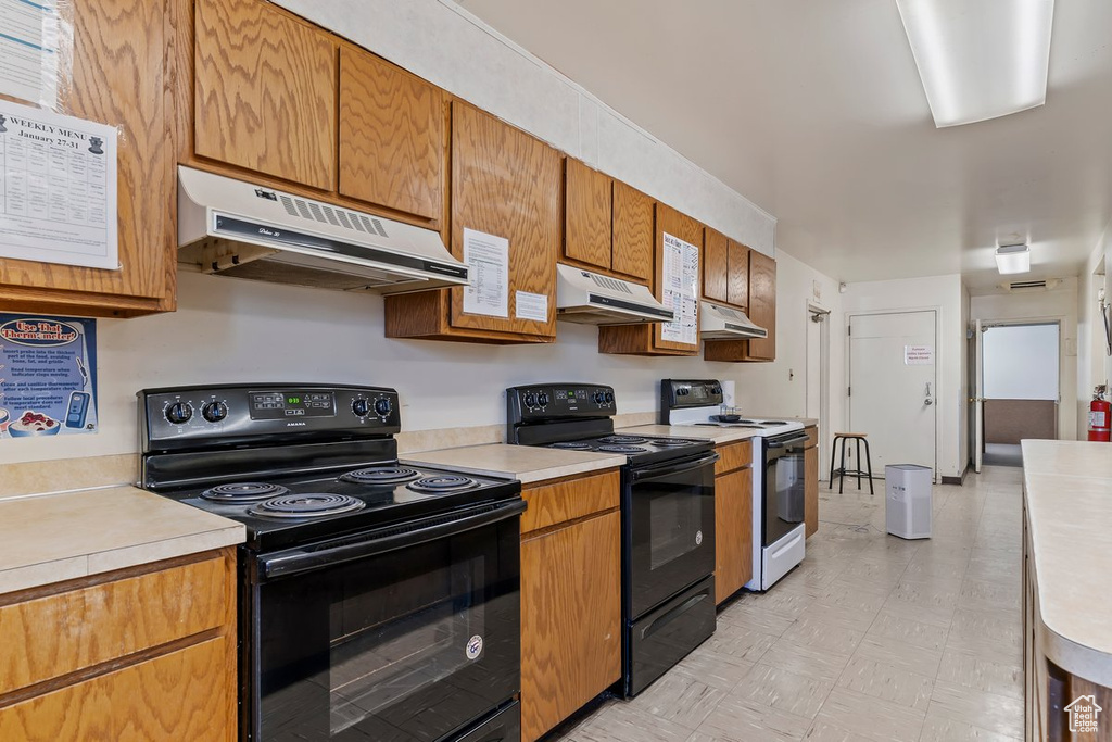 Kitchen with electric range and under cabinet range hood