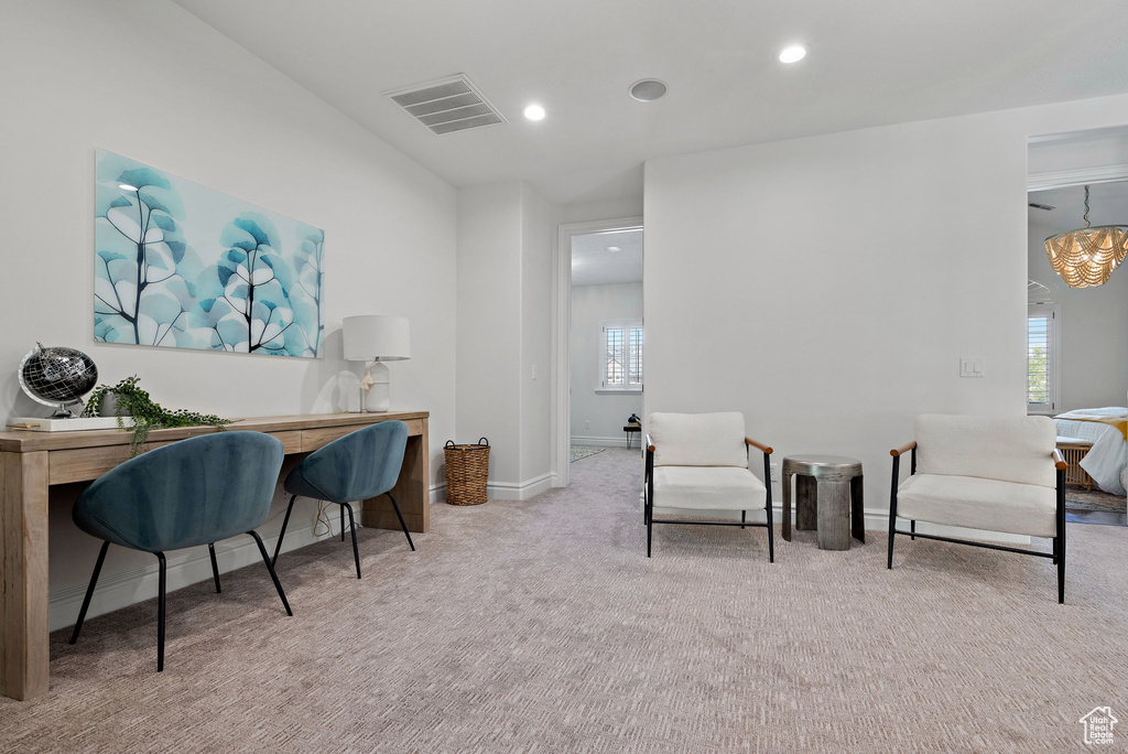 Home office with carpet, baseboards, recessed lighting, and a chandelier