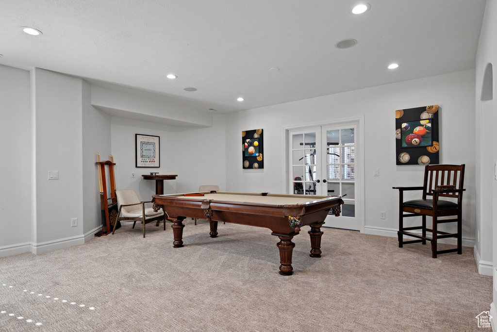 Playroom featuring carpet floors, recessed lighting, billiards table, and baseboards