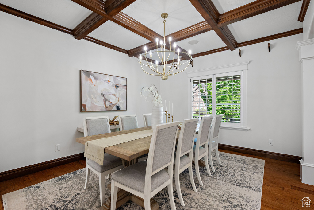 Dining space featuring coffered ceiling, a chandelier, baseboards, wood finished floors, and beamed ceiling