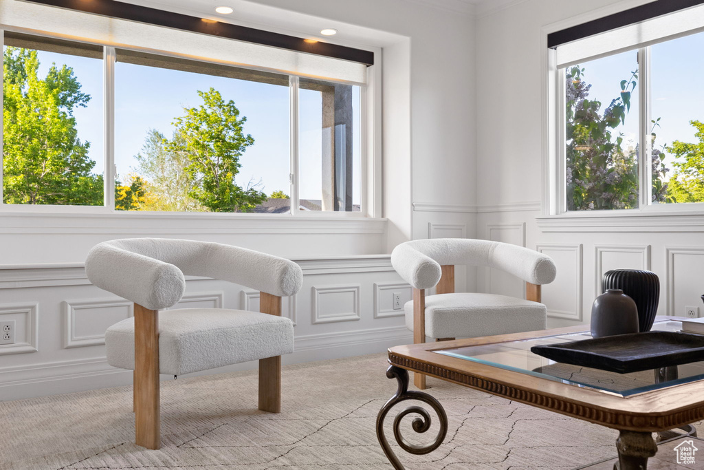 Sitting room with a decorative wall, carpet, wainscoting, and crown molding