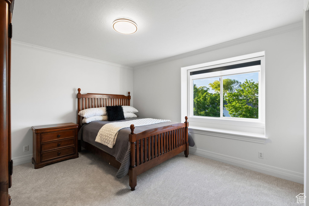 Bedroom with ornamental molding, light carpet, and baseboards