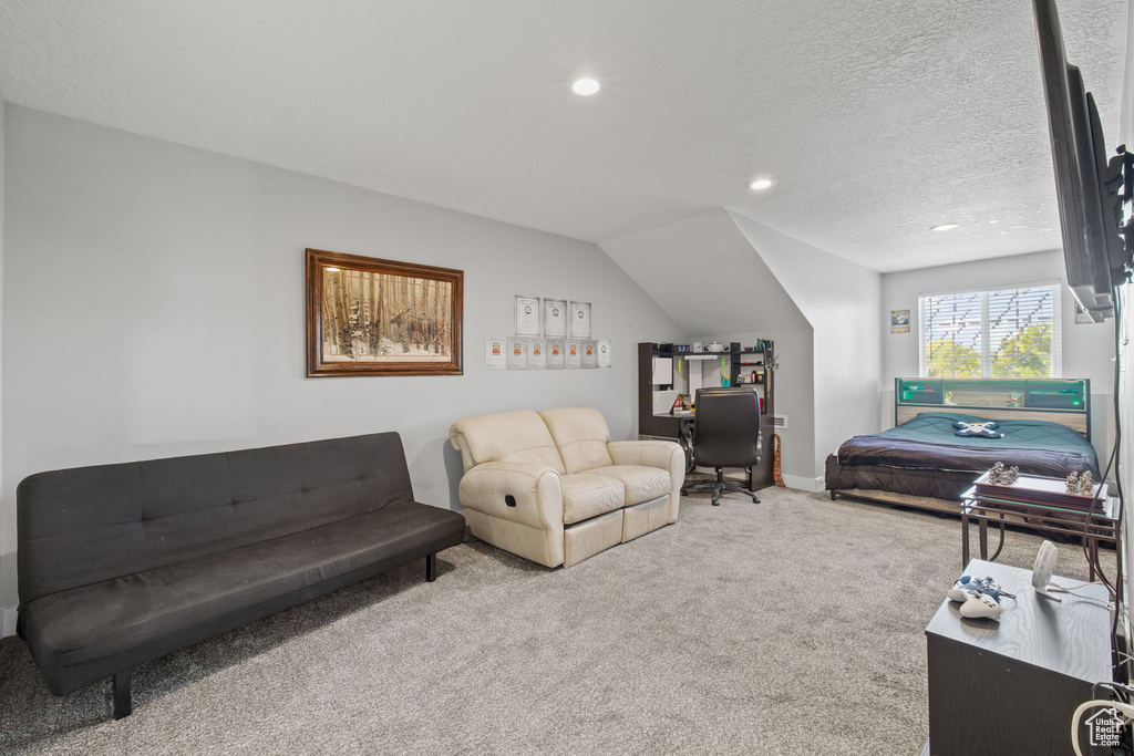 Living area with carpet flooring, recessed lighting, a textured ceiling, and baseboards