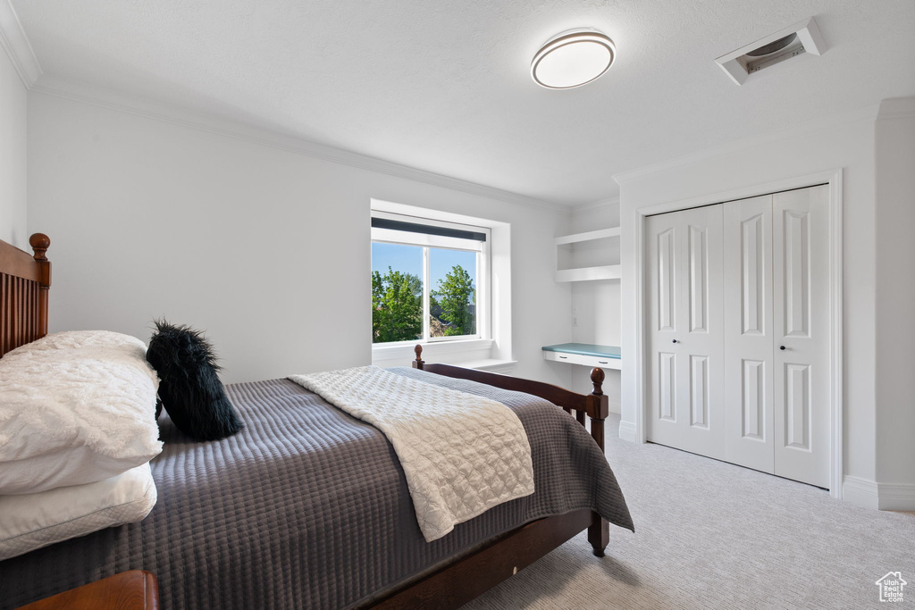 Carpeted bedroom featuring crown molding, a closet, and baseboards