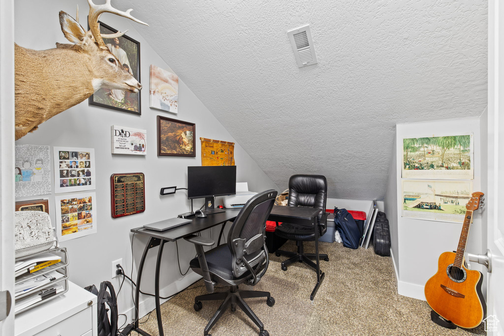 Carpeted home office featuring a textured ceiling, vaulted ceiling, and baseboards
