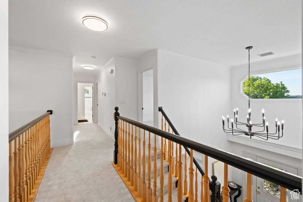 Corridor featuring an upstairs landing, a chandelier, carpet, baseboards, and crown molding
