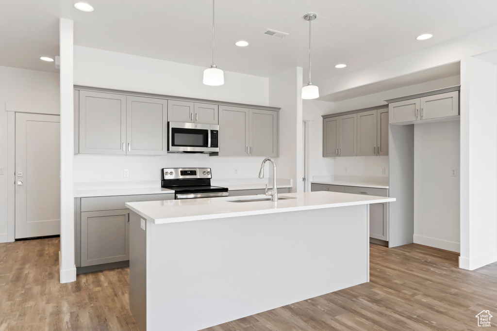 Kitchen with appliances with stainless steel finishes, gray cabinetry, a sink, light wood-type flooring, and recessed lighting
