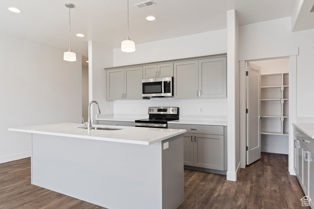 Kitchen featuring stainless steel appliances, a sink, gray cabinetry, dark wood-style flooring, and recessed lighting