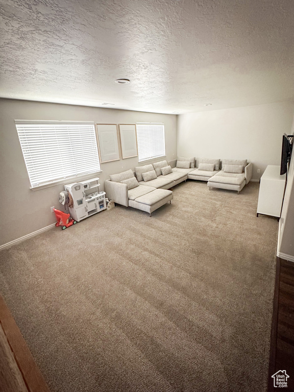 Carpeted living area with a textured ceiling and baseboards