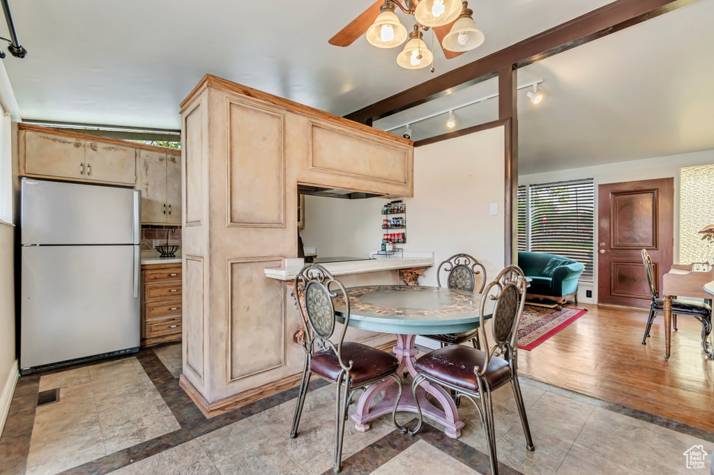 Dining space featuring rail lighting and ceiling fan