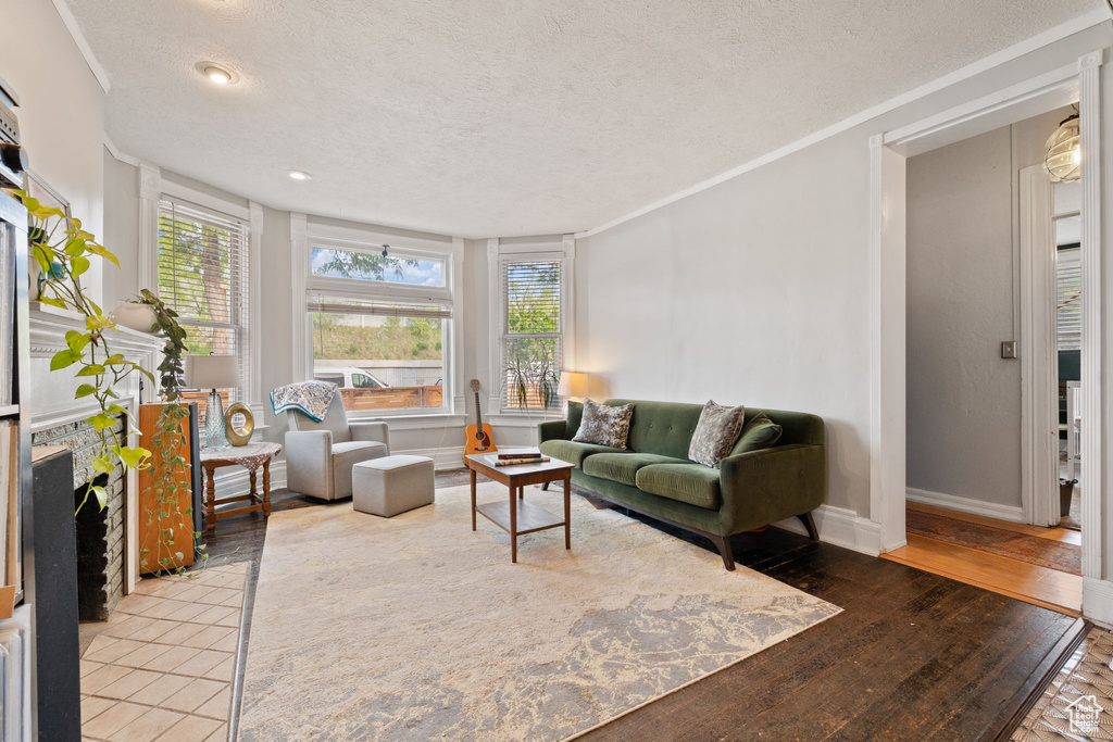 Living room with a textured ceiling, hardwood / wood-style floors, baseboards, and crown molding
