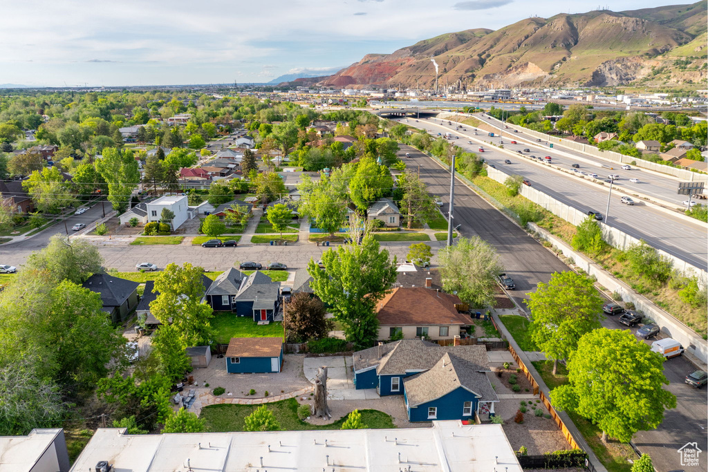 Aerial view of residential area with mountains