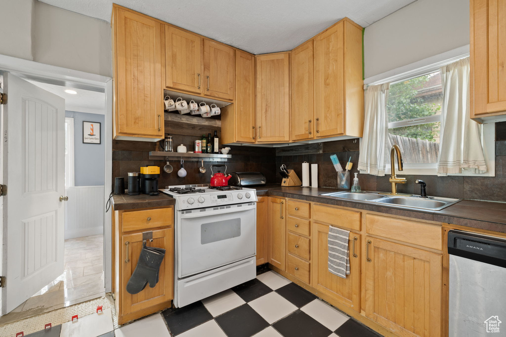Kitchen with white gas stove, dishwasher, a sink, and backsplash