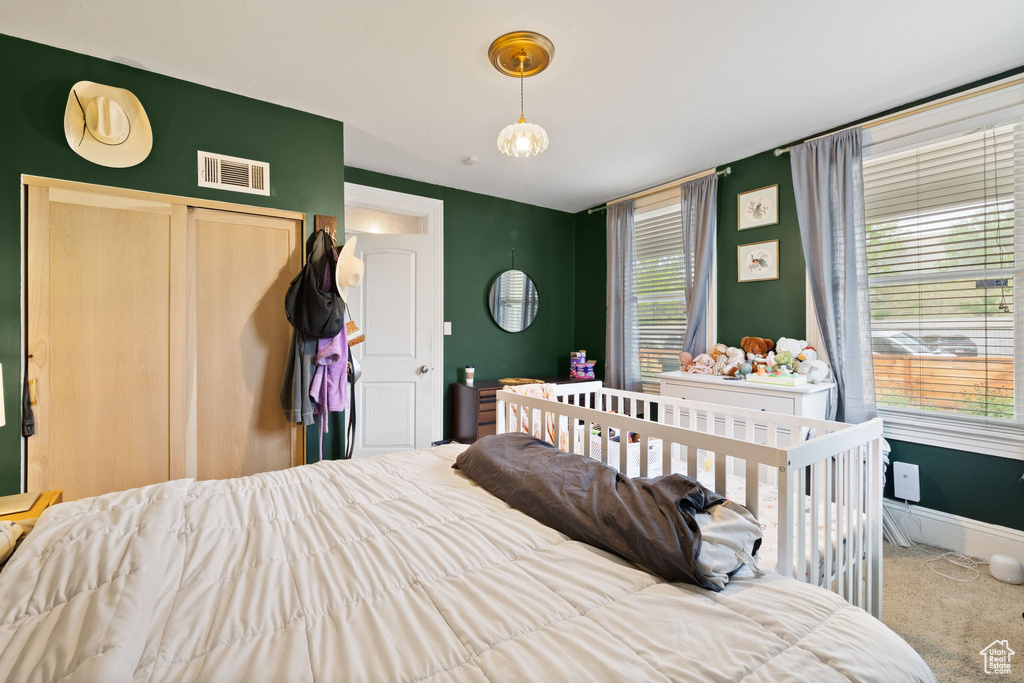 Bedroom featuring carpet flooring, multiple windows, baseboards, and a closet