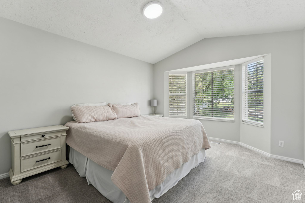 Bedroom featuring lofted ceiling, carpet, and baseboards