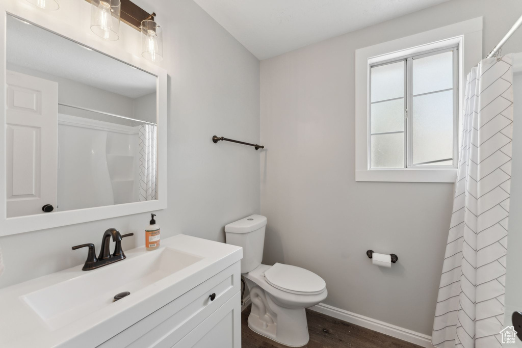 Bathroom featuring toilet, baseboards, wood finished floors, vanity, and curtained shower