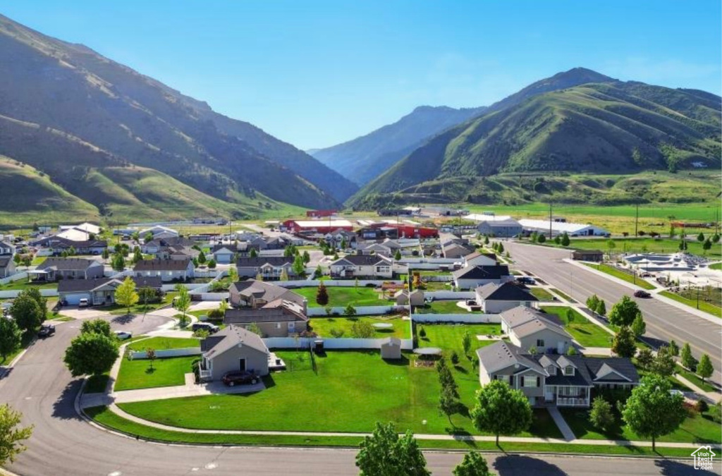 Aerial perspective of suburban area featuring a mountainous background
