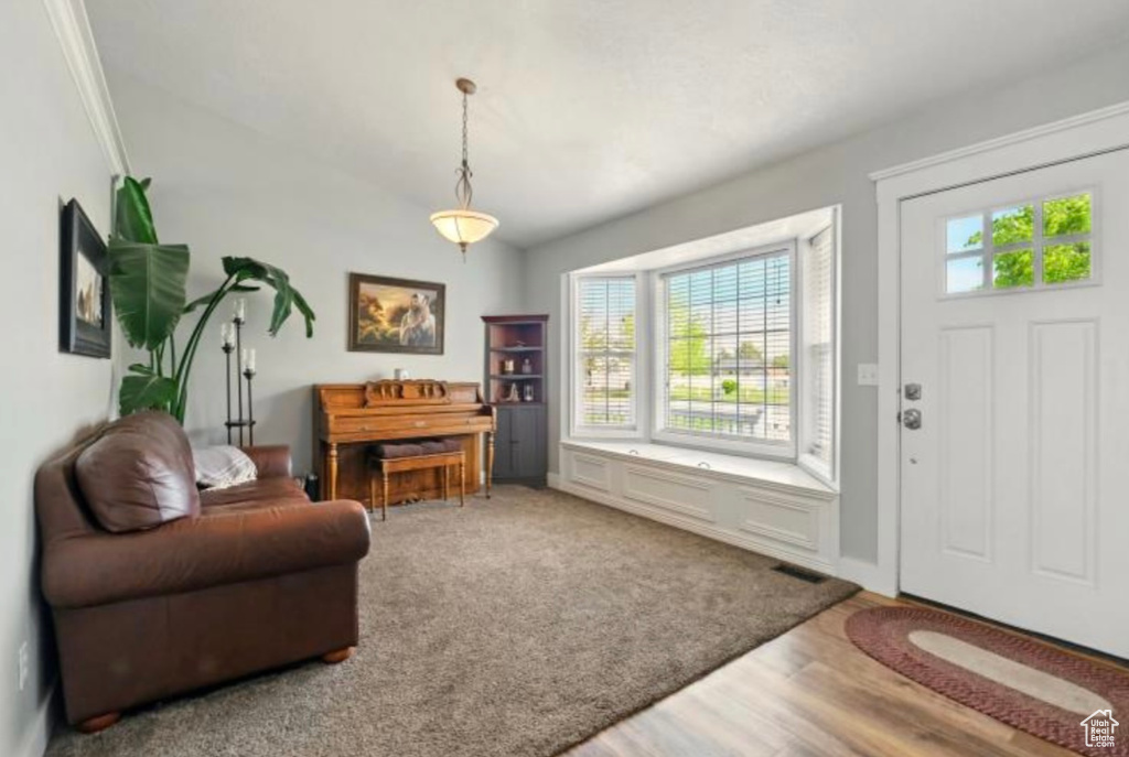 Foyer featuring wood finished floors and lofted ceiling