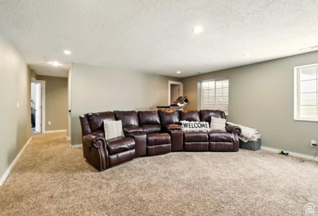 Carpeted living area featuring a textured ceiling, baseboards, and recessed lighting