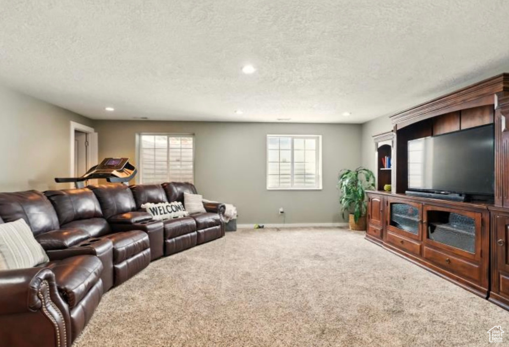 Carpeted living area featuring a textured ceiling, baseboards, and recessed lighting