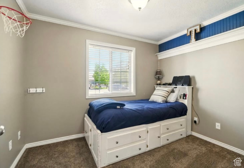 Bedroom with carpet, crown molding, and baseboards