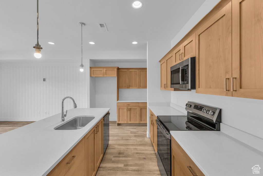 Kitchen featuring stainless steel appliances, a sink, light countertops, light wood-type flooring, and recessed lighting