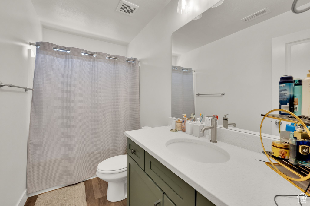 Bathroom with toilet, vanity, and wood finished floors