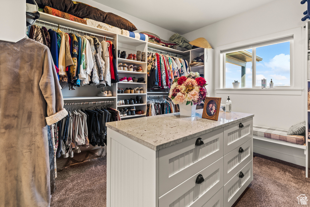 Spacious closet with dark carpet
