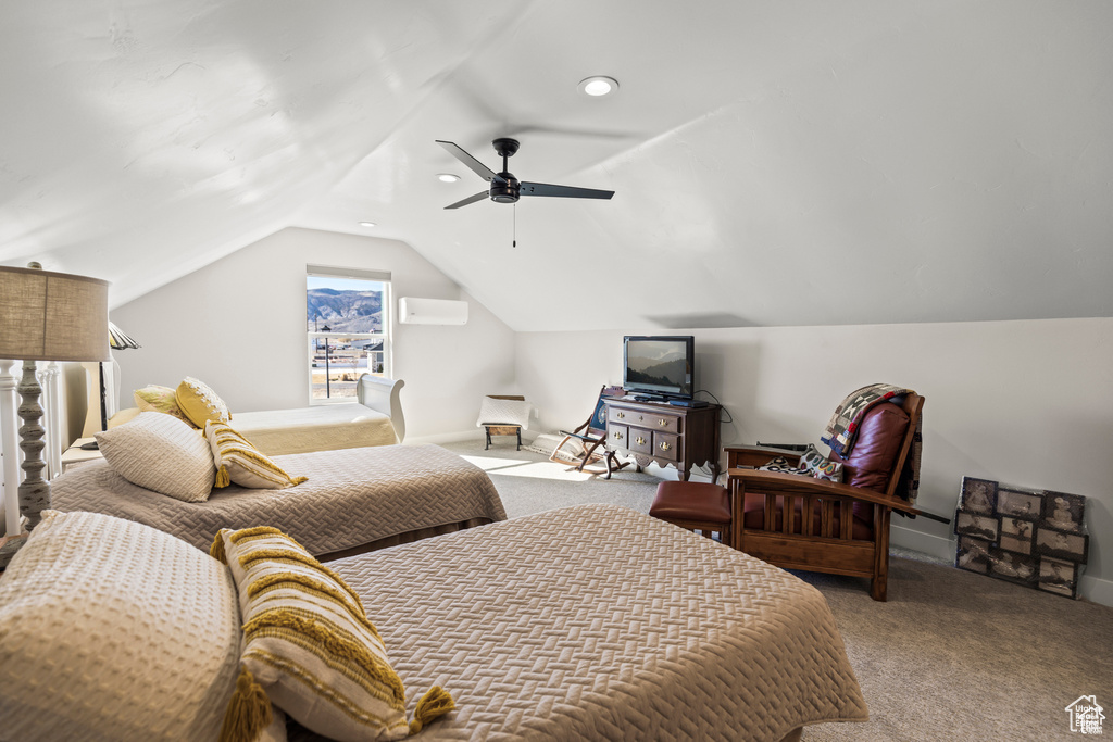 Carpeted bedroom featuring vaulted ceiling, a wall unit AC, ceiling fan, and baseboards