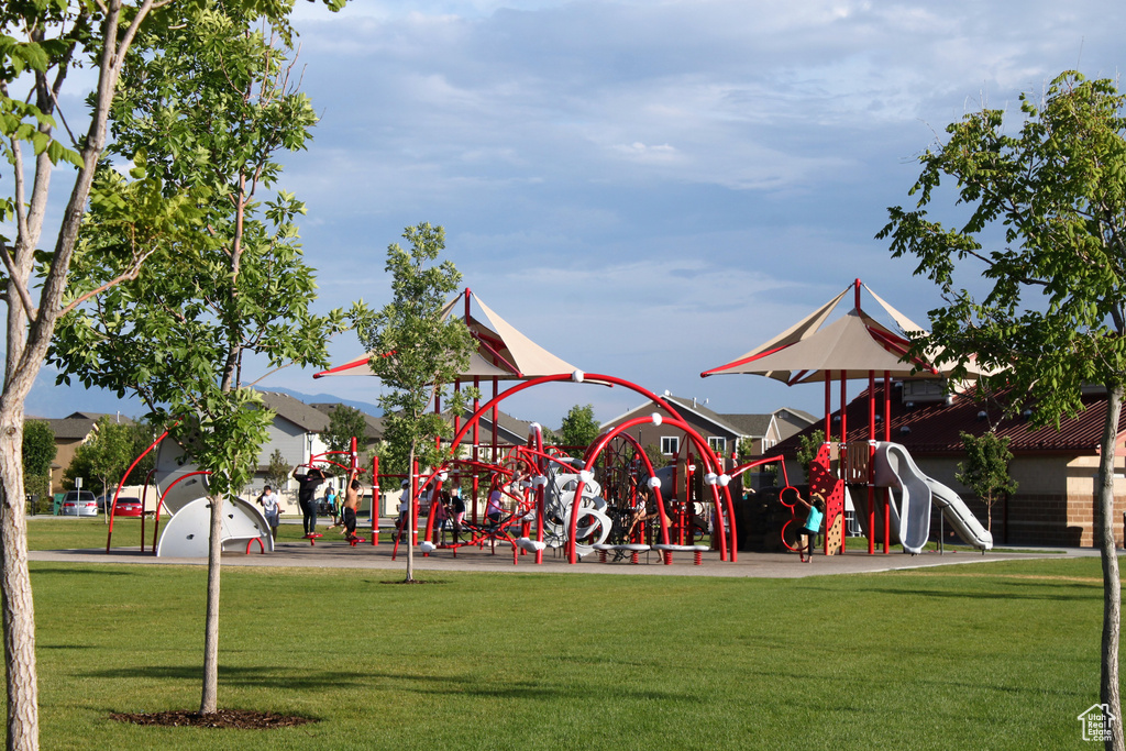 Community jungle gym with a lawn