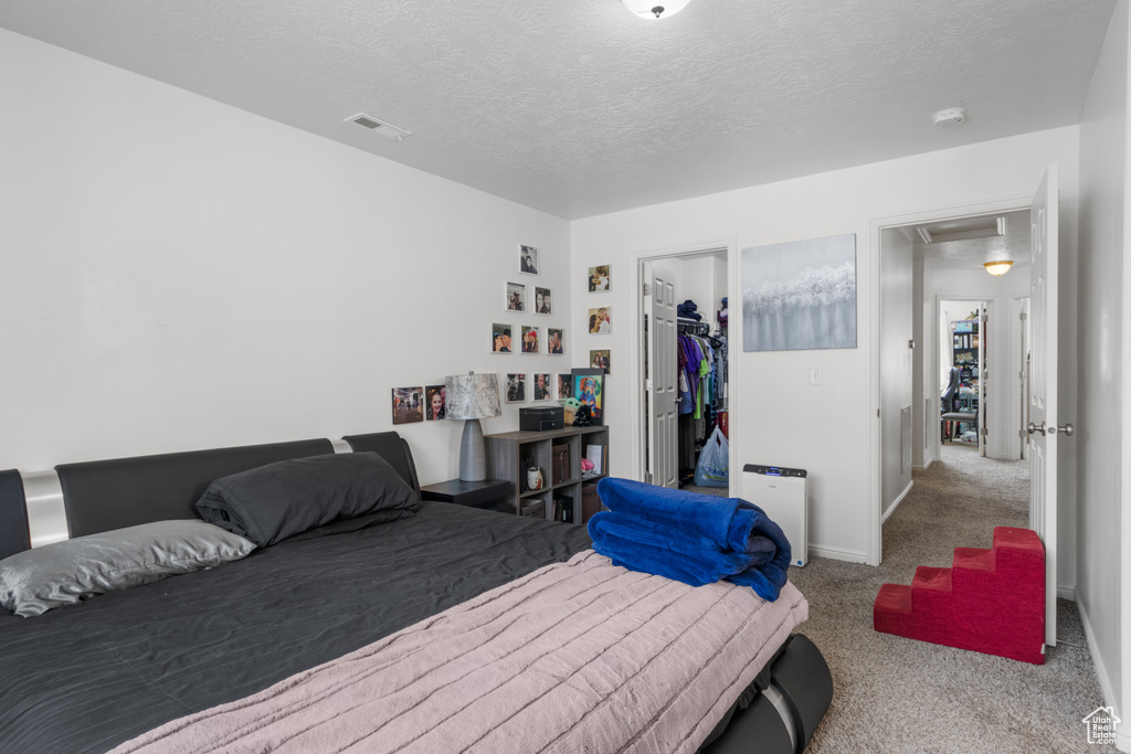 Carpeted bedroom featuring attic access, a spacious closet, a textured ceiling, a closet, and baseboards