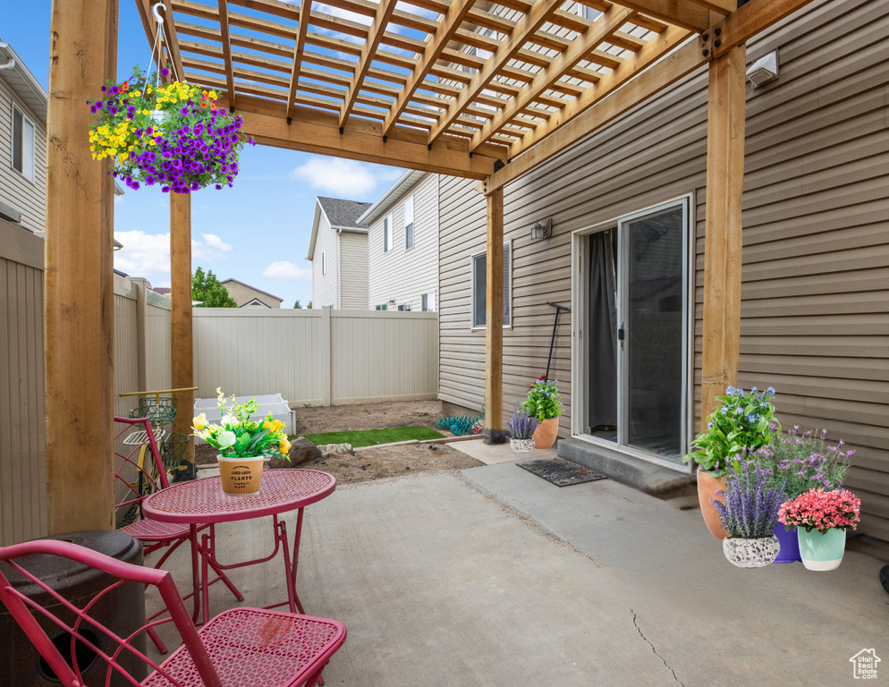 View of patio featuring a fenced backyard and a pergola