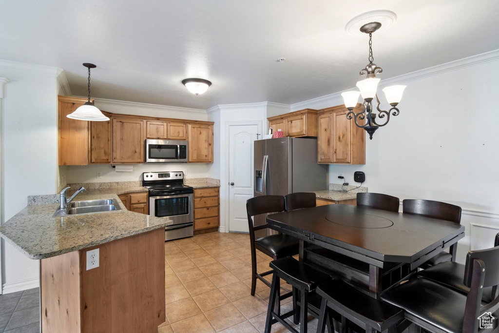 Kitchen featuring stainless steel appliances, a sink, a peninsula, a chandelier, and ornamental molding