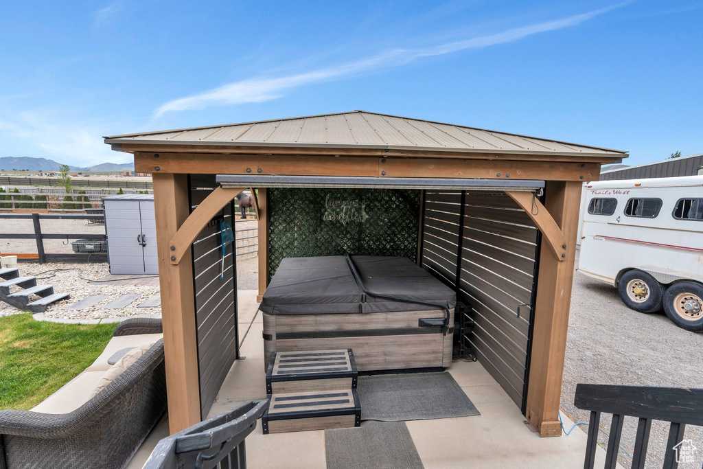 View of patio / terrace with a mountain view