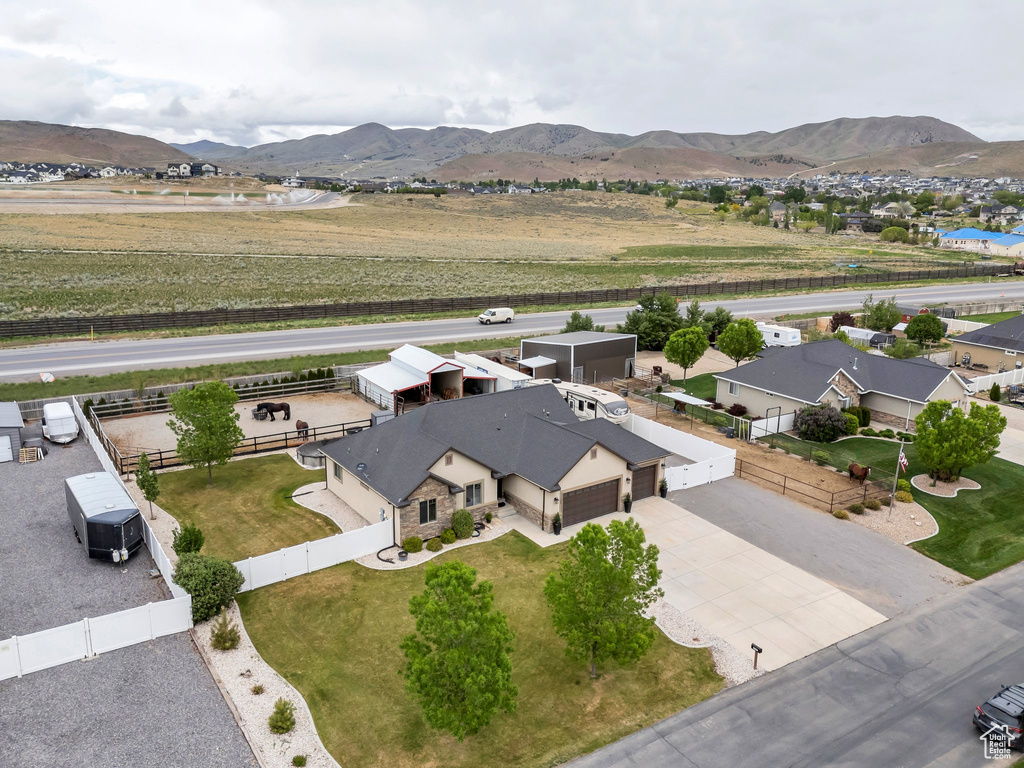 Aerial perspective of suburban area featuring mountains