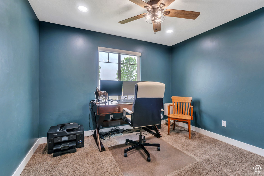 Office space featuring carpet floors, ceiling fan, baseboards, and recessed lighting