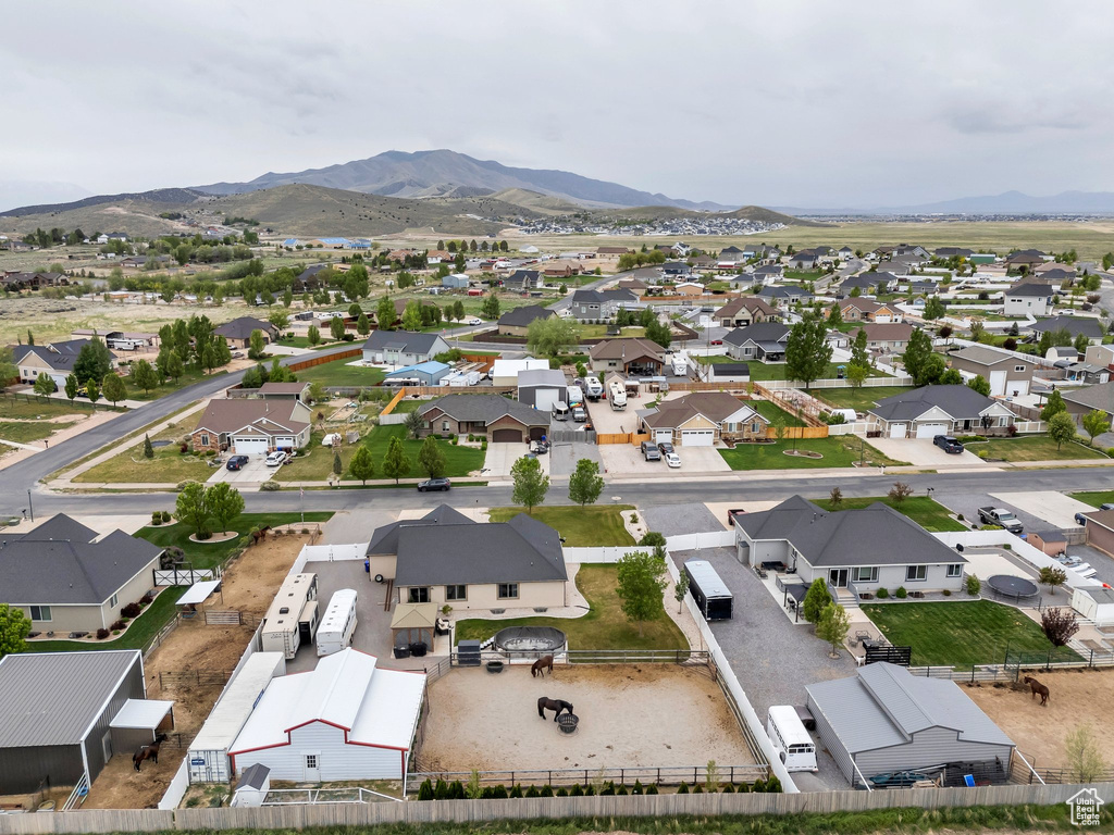 Aerial view of residential area with mountains