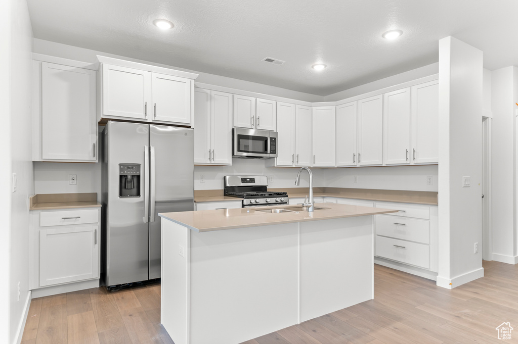 Kitchen featuring appliances with stainless steel finishes, a sink, light wood finished floors, light countertops, and recessed lighting