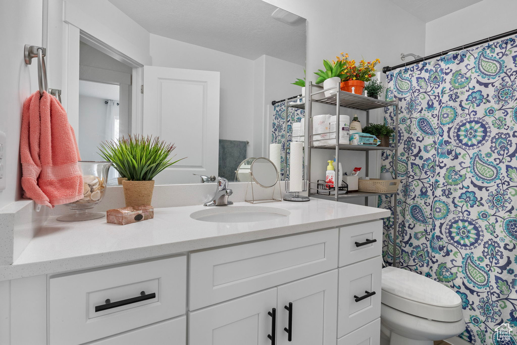 Bathroom with toilet, vanity, and a shower with shower curtain