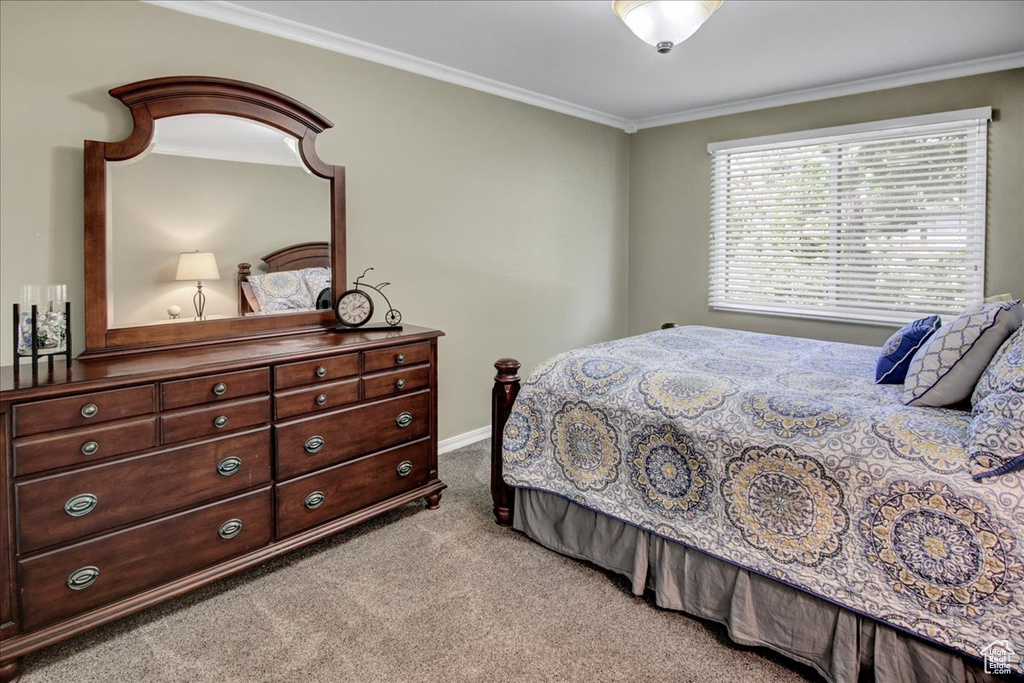 Carpeted bedroom featuring ornamental molding and baseboards