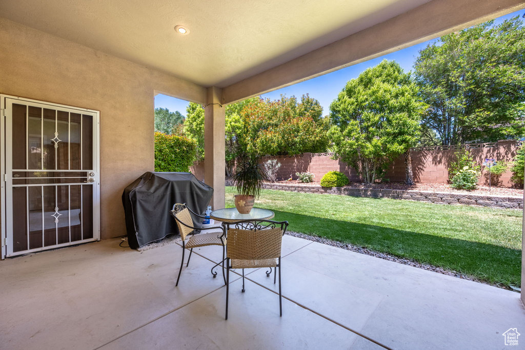 View of patio featuring area for grilling