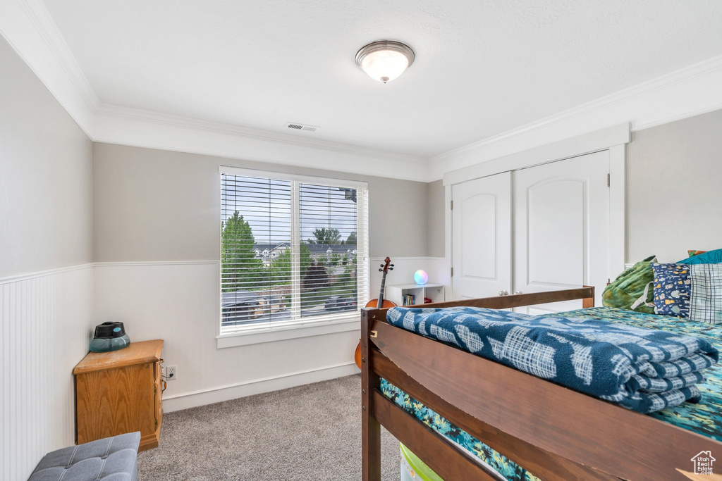 Carpeted bedroom featuring ornamental molding, baseboards, and a closet